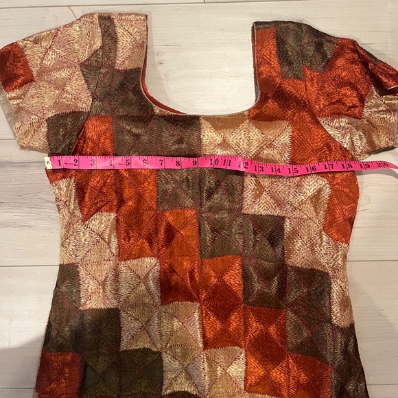 Women’s Indian 3 Piece Burn Orange, Green and Cream Silk Top & Pants w Matching - Picture 8 of 11